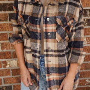 Geometric Plaid Print Pocketed Jacket/Shirt